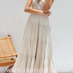 Margovil V Neck Ruffle Trim Tiered Sleeveless Linen Maxi Dress (2 Colors)
