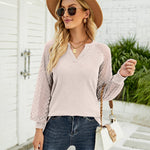 Nadorine V Neck Tops Solid Color Blouse Long Sleeve Pullover Lace Patchwork Shirt