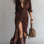 Vintage Button-stitched Pleated Velvet Midi Dress