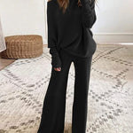 Two Piece Sweatsuit Lone Sleeve Knit Sweater Wide Leg Pants Outfits Loungewear Set