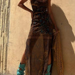 Gypsy Style Unique Print Cowl Neck Back Lace-up Slit Midi Dress