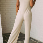 Apricot Sleeveless Buttoned Ribbed Wide Leg Jumpsuit with Pockets