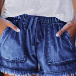 10 Colors Casual Drawstring High Waisted Denim Fringed Shorts