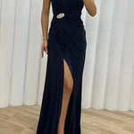 Pretty Special Pleated Embellished Slit Evening Maxi Dress