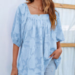 Nadorine Quare Neck Babydoll Tops 3/4 Puff Sleeve Lace Blouse Summer Floral Textured Shirts