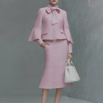 Elegant Neckline Bow Tie Trumpet Sleeve Jacket Skirt Tweed Set