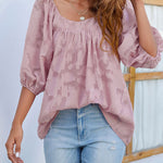 Nadorine Quare Neck Babydoll Tops 3/4 Puff Sleeve Lace Blouse Summer Floral Textured Shirts
