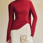Flared Sleeves Long Sleeves Solid Color Zipper Boat Neck T-Shirts Tops