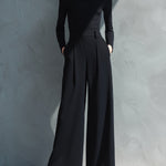 Women's Black Classic Knit Turtleneck Wide - Leg Jumpsuit