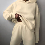 Nadorine Casual Solid Color Long Sleeve Hooded Sports Suit Hoodie Sweatshirt Two Piece Set