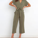 Short Sleeve V-Neck Button Closure Waist Tie Straight Wide Leg Cropped Jumpsuits with Pockets