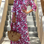 Floral mid-length sleeve V-neck slit long dress