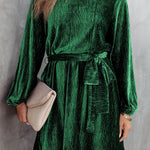 Green Crinkle Velvet Tie Waist Puff Sleeve Mini Dress
