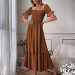 Ruffle Puff Sleeve Smocked Dress Square Neck Long Sleeve High Waist Flowy Maxi Dress