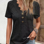 V Neck Lace Ribbed Tops Decoration Button Down T-Shirts Summer Short Sleeve Casual Blouse