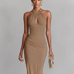 Women's Taupe Stretch Jersey Dress With Halter Neck & Ruched Bodice, Timeless Romantic-Luxe Style Dress