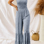 Dusk Blue Floral Print Thin Straps Smocked Wide Leg Jumpsuit