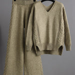 Stylish Loose Long Sleeves Solid Color V-Neck Sweater Tops& Wide Leg Pants Two Pieces Set