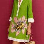 Loose Three-Quarter Sleeves Buttoned Contrast Color Flower Print Lapel Mini Dresses