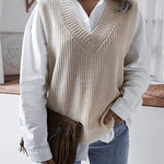 V-neck Knit Sweater Vest Loose Fit Casual Vintage Classic Sleeveless Crop Sweater Tops