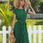 Polka Dot Midi Modest Summer Dress for Women High Waist Short Sleeve with Belt