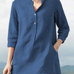 Nadorine Solid Color Mid Sleeve Shirt Retro Urban Casual Stand Collar Loose Blouses