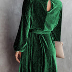 Green Crinkle Velvet Tie Waist Puff Sleeve Mini Dress
