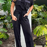 BLACK OFF SHOULDER VELVET JUMPSUIT