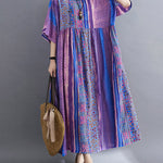 Vintage Side Pocket Striped Floral Printed Midi Dress