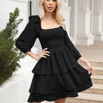 Solid Color Long Sleeve Dress Square Neck Lotus Leaf Mini Dress