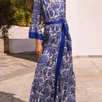 Greek Island Satin Unique Floral Print Tassel Belted Wrap Maxi Dress