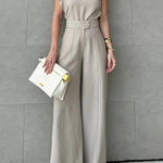 Fashionable One-shoulder Ruffled Top and Casual Simple Straight-leg Suit Pants Set