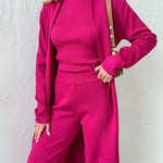 Nadorine Women's Casual Knitted Three-piece Set Slim Fit Vest with Cardigan and Wide-leg Pants