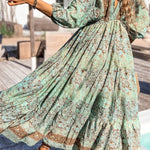 Green Boho Floral Print Backless Drawstring High Waist Maxi Dress