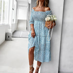 Short Sleeve Off Shoulder Floral Dress Slim Fit Casual Ruched Dresses