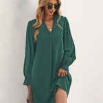 Notch Neck Solid Tunic Dress V-Neck Puff Sleeve Mini Tunic Dress