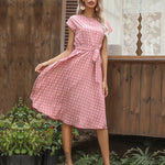 Polka Dot Midi Modest Summer Dress for Women High Waist Short Sleeve with Belt
