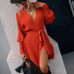 Lantern Sleeve Belted Sweater Dress