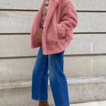 Lapel Fleece Jacket Long Sleeve Pockets Faux Fur Dressy Fall Outfits