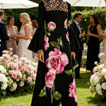 Flared Sleeves Long Sleeves Contrast Color Flower Print Hollow Print Split-Joint Round-Neck Maxi Dresses