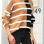 Striped long-sleeved sweater, round neck pullover fashionable sweatshirt