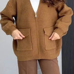 Solid Color Versatile V-Neck Pocket Sweater Jacket