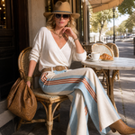 Retro Casual Ivory Surplice V-Neck Top And Blue Red Striped Wide-Leg Cotton-Linen Pants Set