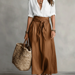 Black Shirt And Olive Green Midi Skirt Two-piece Suit