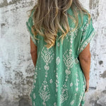 Linen Blend Unique Print Lapel Casual Pocket Mini Dress