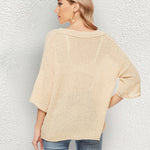 V Neck Crochet Sweater Off Shoulder 3/4 Sleeves Loose Knit Cute Heart Pullover Top