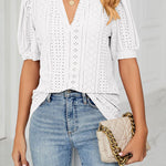 Casual v-neck solid color hollow puff sleeve loose t-shirt top women