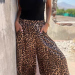 Leopard Print Elastic Waist Loose Pocket Wide Leg Pants