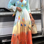 Gigi Unique Pattern Gradient Print Smocked Elastic Waist Fringed Maxi Dress
