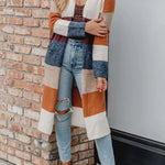 Knitted Color Block Open Front Long Cardigan